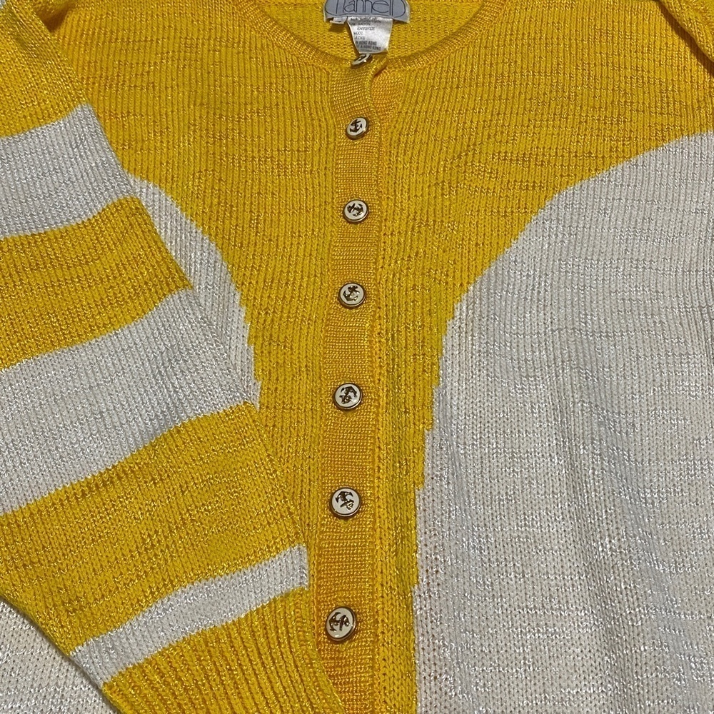 Nannell Vintage Cardigan Sweater Yellow White Stripe Nautical Anchor Buttons M - Picture 5 of 12